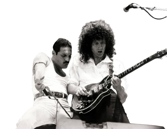 A imagem apresenta Freddie Mercury e Brian May perfomando no Live Aid